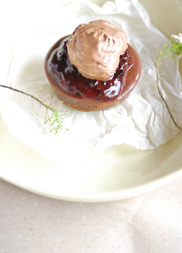 Chocolate Fudge Cake with Chocolate Dehydrated Black Olive Cassonade, Sour Cherry Sauce & Lacuma Ice Cream