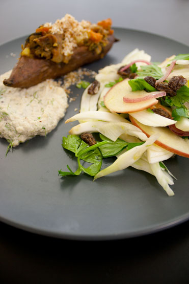 Stuffed Coconut Sweet Potato with Apple and Fennel Salad and Cashew Dill Cream